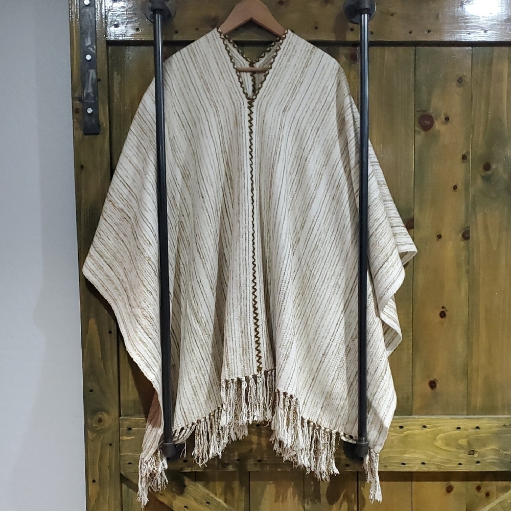 Vintage Cream and Brown Striped Poncho Fringe Mexicam EarthyTribal Winter